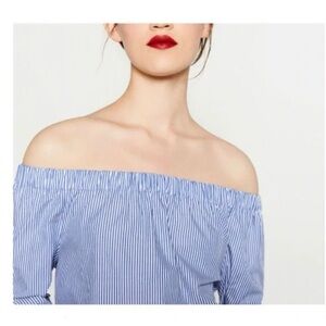 Lord & Taylor Navy and White Pinstripe Off-Shoulder Blouse